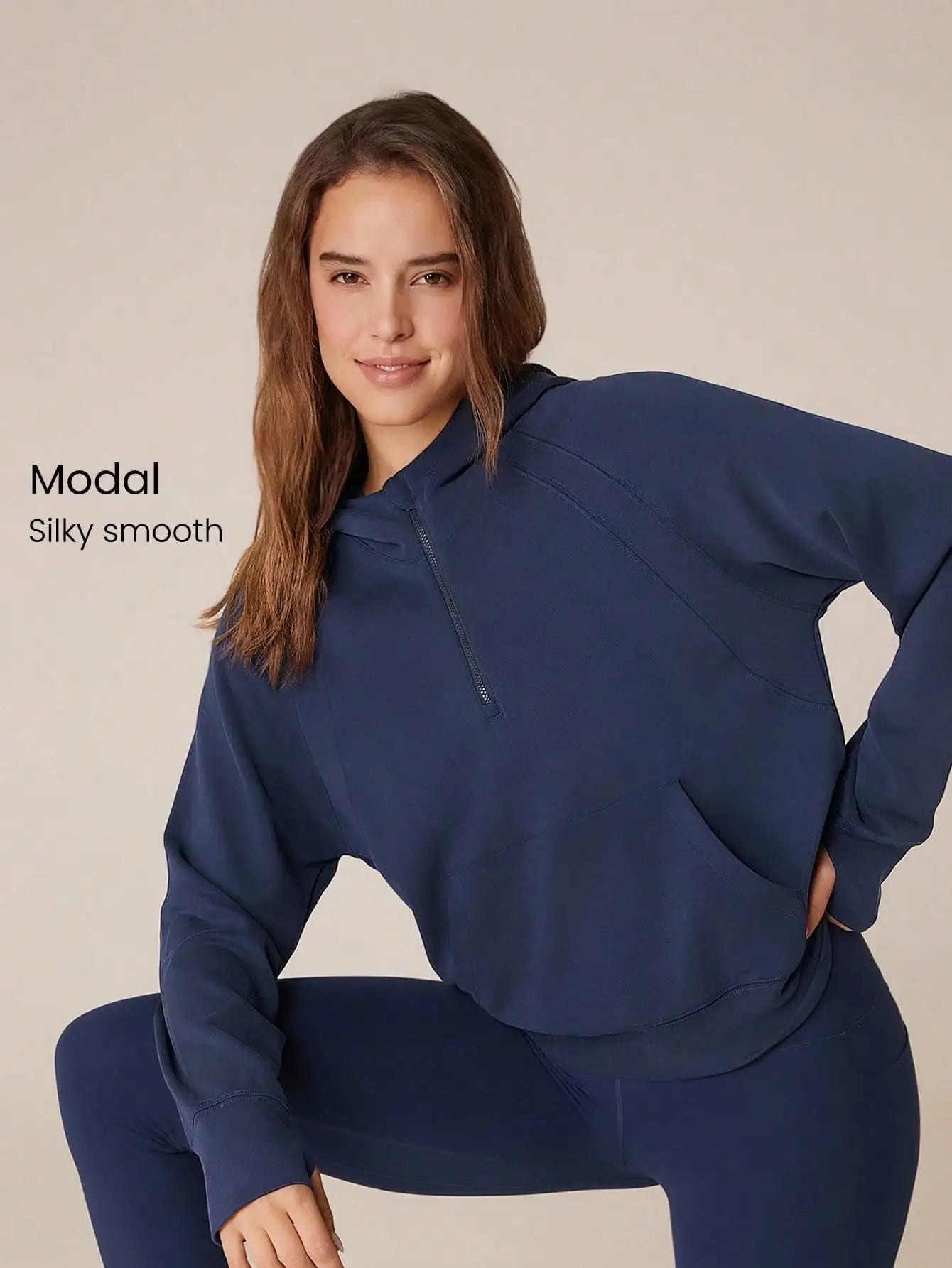 Oversized Half-Zip Hoodie Modal Fabric Loose Fit Kangaroo Pocket