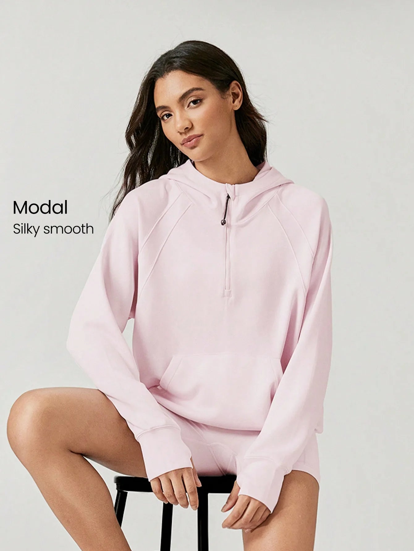 Oversized Half-Zip Hoodie Modal Fabric Loose Fit Kangaroo Pocket