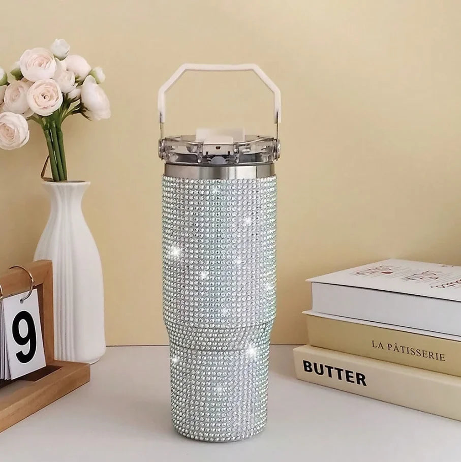 30oz 2In1 Lid Tumbler Diamond Finish, Double Wall Vacuum Insulated Stainless Steel, Leakproof, Termos Caliente Y Frio, Termo De