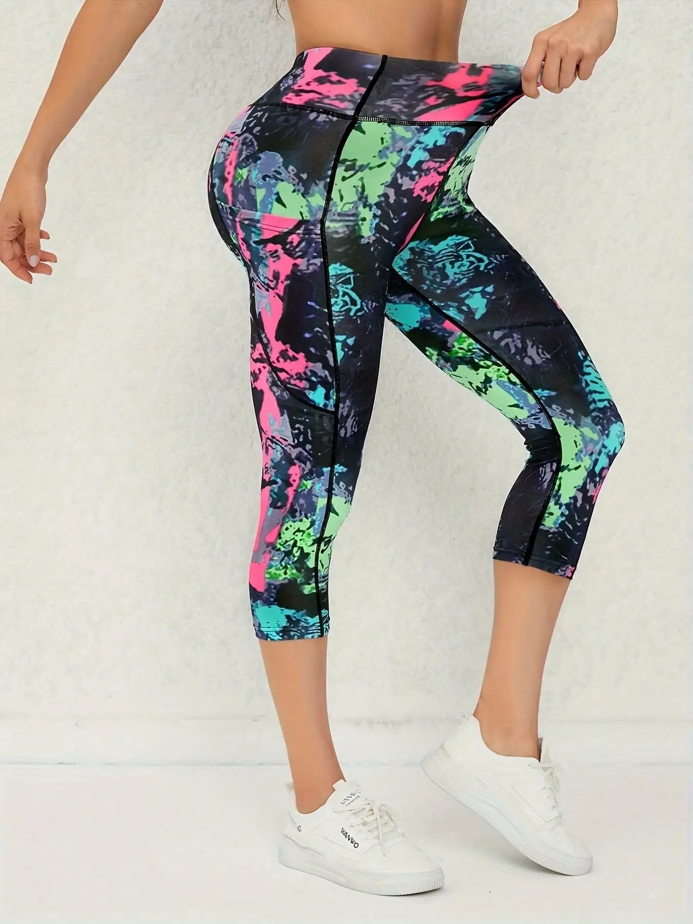 3 Pcs Women High Waist Floral Print 3/4 Leggings With Pockets, Tummy Control Yoga Workout Pants, Athletic Sportswear Summer