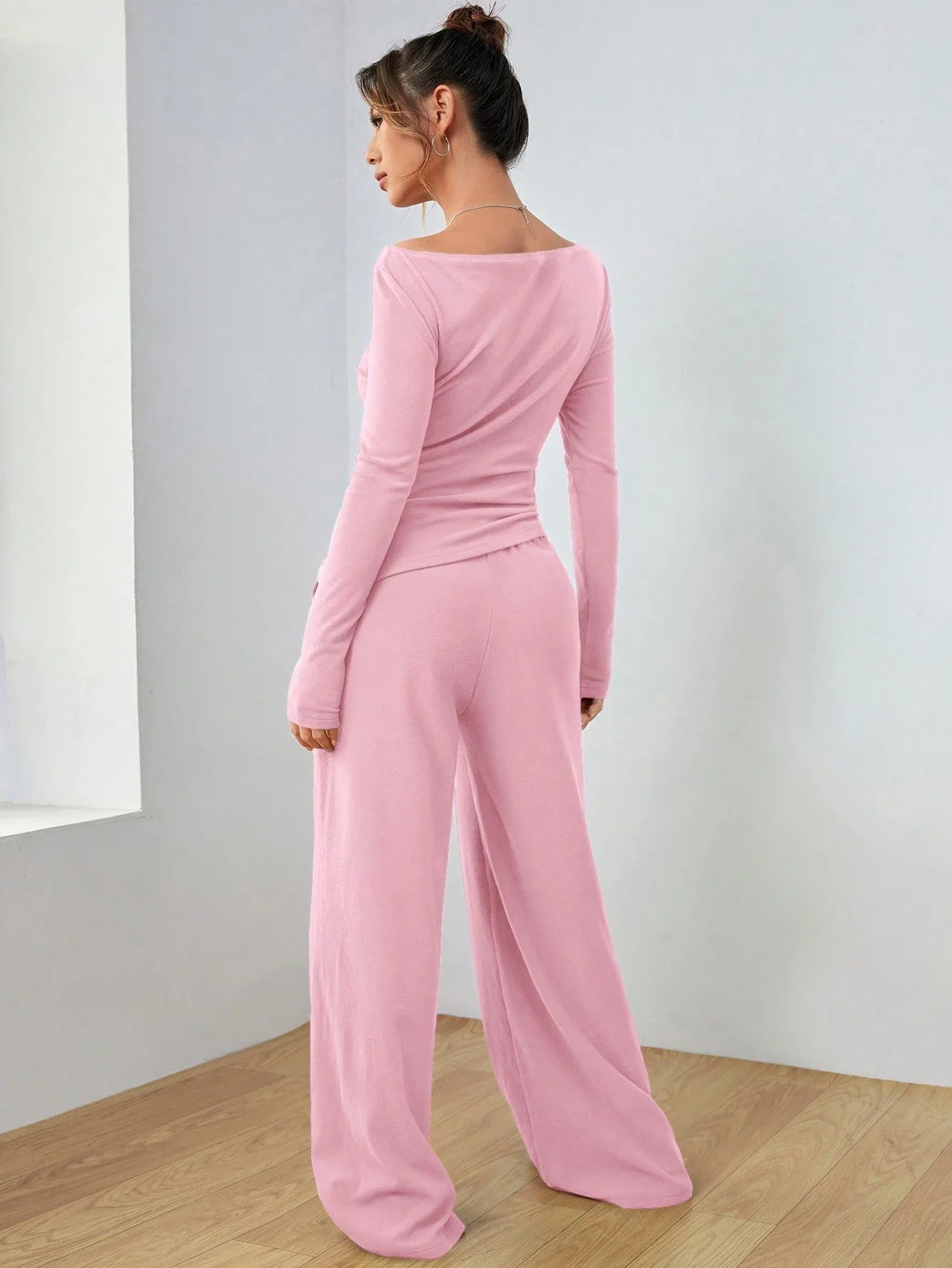 Women's Spring Autumn Casual Long Sleeve Top And Wide Leg Pants Set