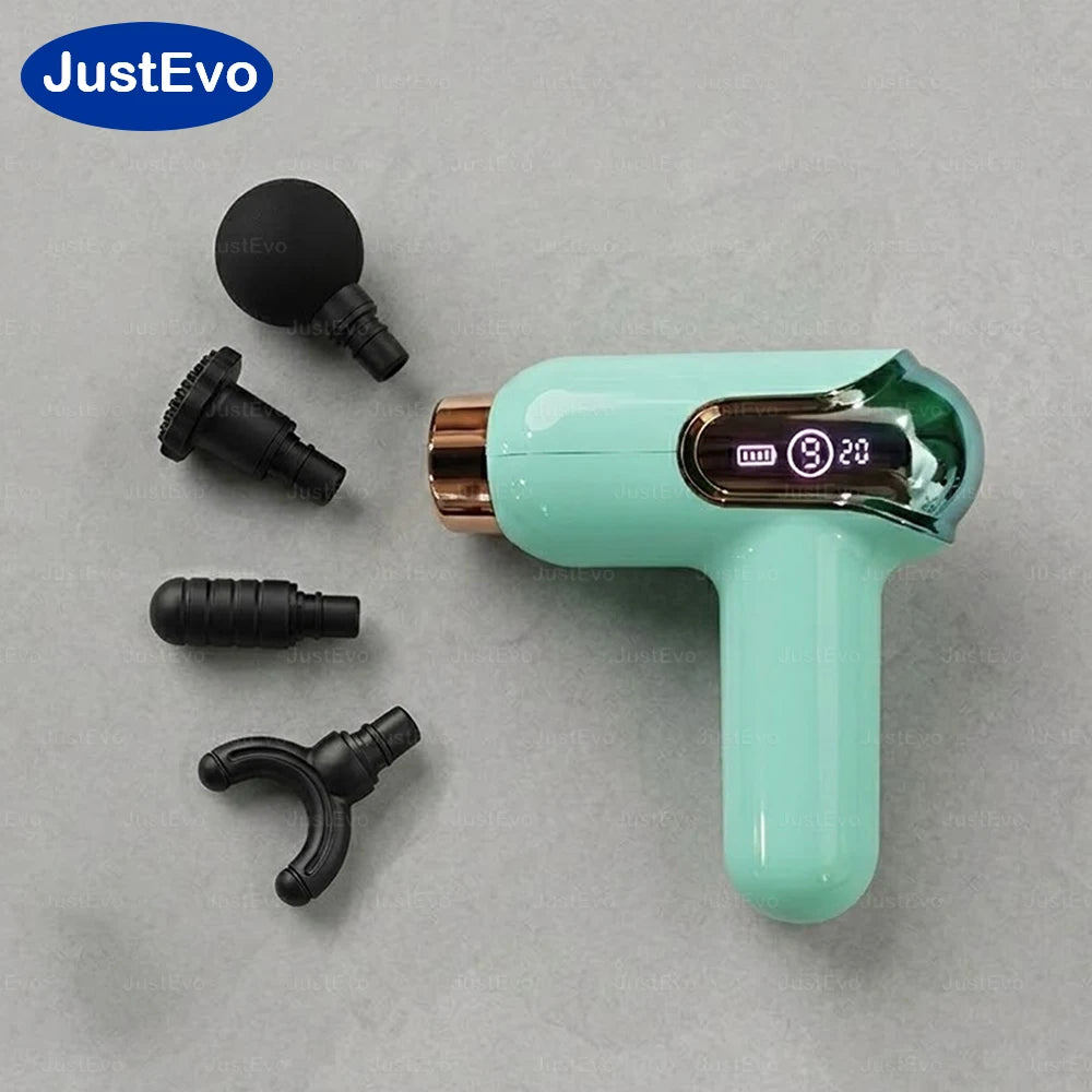 JustEvo Portable Massage Gun 9 Speeds Percussion Massager with 4 Heads, Smart LCD Screen Type-C Rechargeable Body Relaxer, 20-Min Timer Soothing Comfort Device.