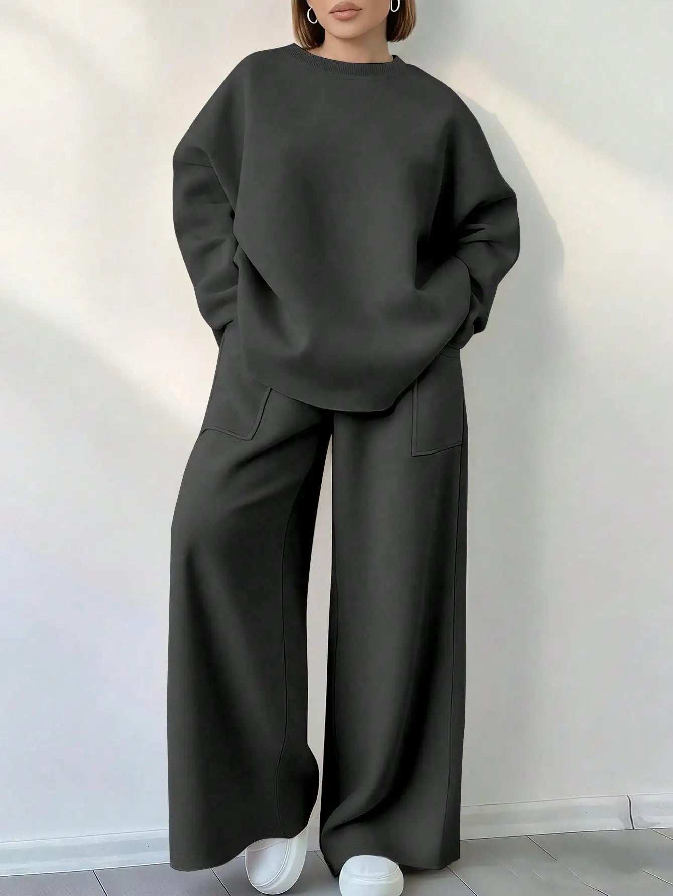 Solid Color Round Neck Long Sleeve Top And Pocket Loose Pants 2 Piece Set