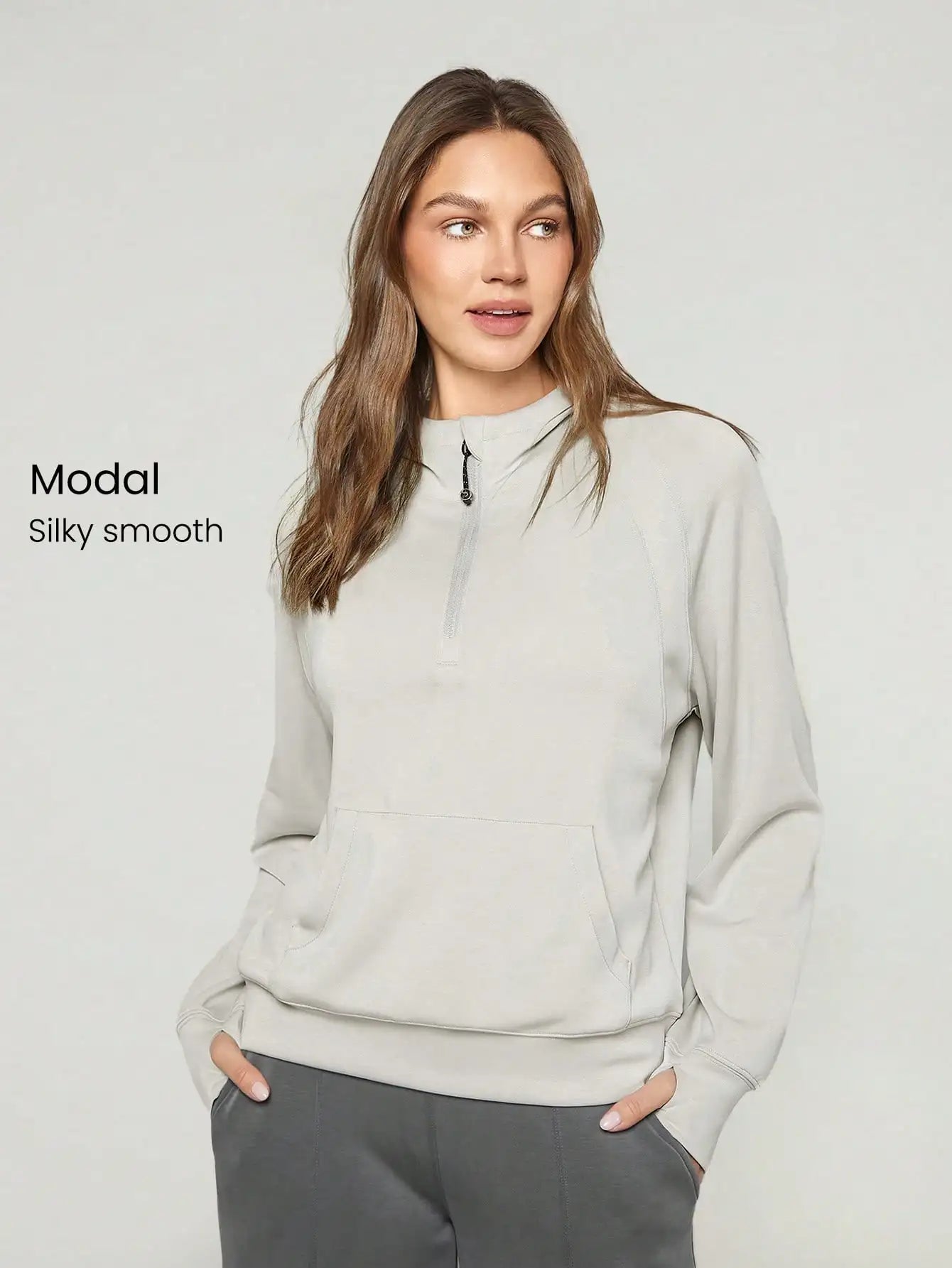 Oversized Half-Zip Hoodie Modal Fabric Loose Fit Kangaroo Pocket