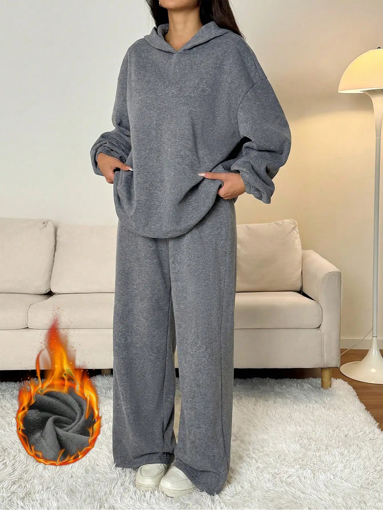 Oversized Thermal Lined Hoodie And Wide Leg Sweatpants Set Grey Women Comfortable Lounge Wear