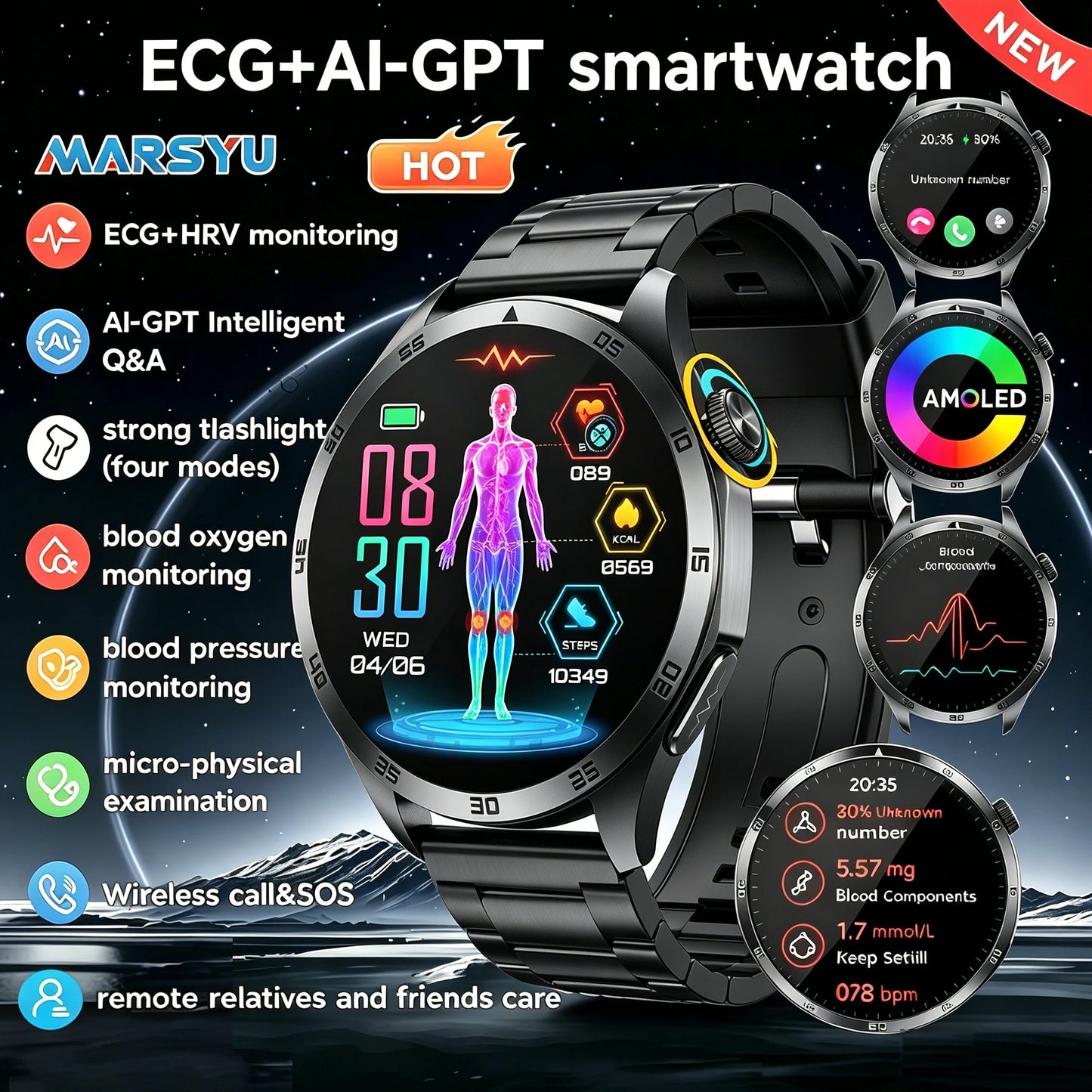 Marsyu 2026 New Nursing Grade Smart Watch ECG+PPG Blood Lipid Blood pressure Uric Acid HD Bluetooth Call Clock Health Smart Watch Men For iOS Android New Health Measurement SmartWatch Men Blood Oxygen Pressure HD Bluetooth Ca