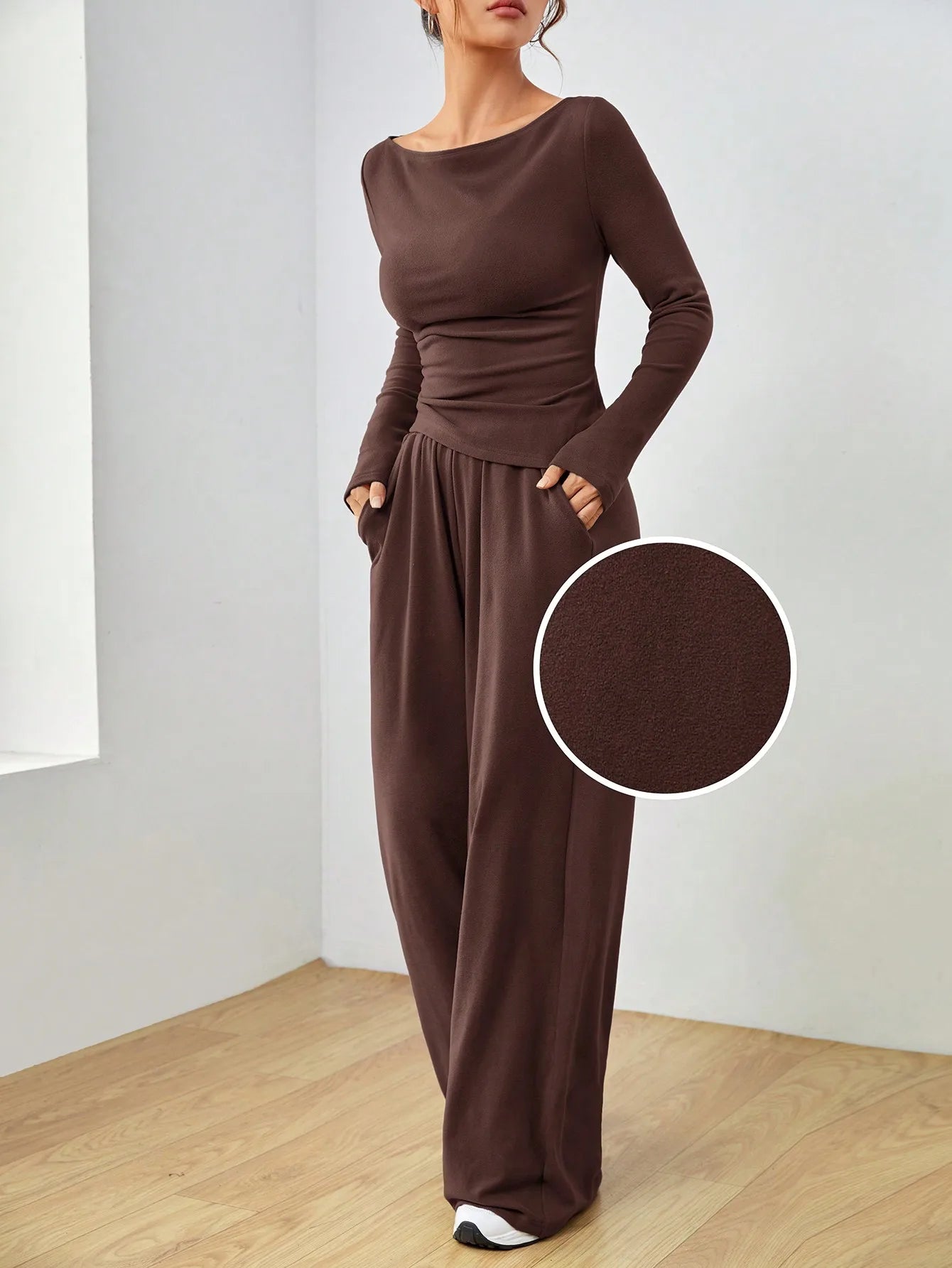 Women's Spring Autumn Casual Long Sleeve Top And Wide Leg Pants Set