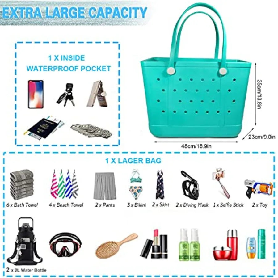 Beach Bag Waterproof Beach Tote Rubber XL Tote Bag Washable and Durable Open Handbag for Boat Pool Sports