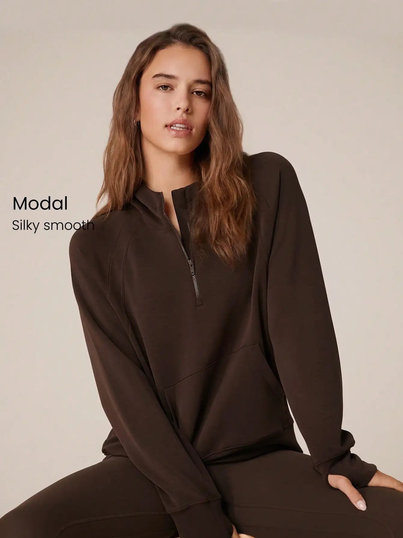 Oversized Half-Zip Hoodie Modal Fabric Loose Fit Kangaroo Pocket