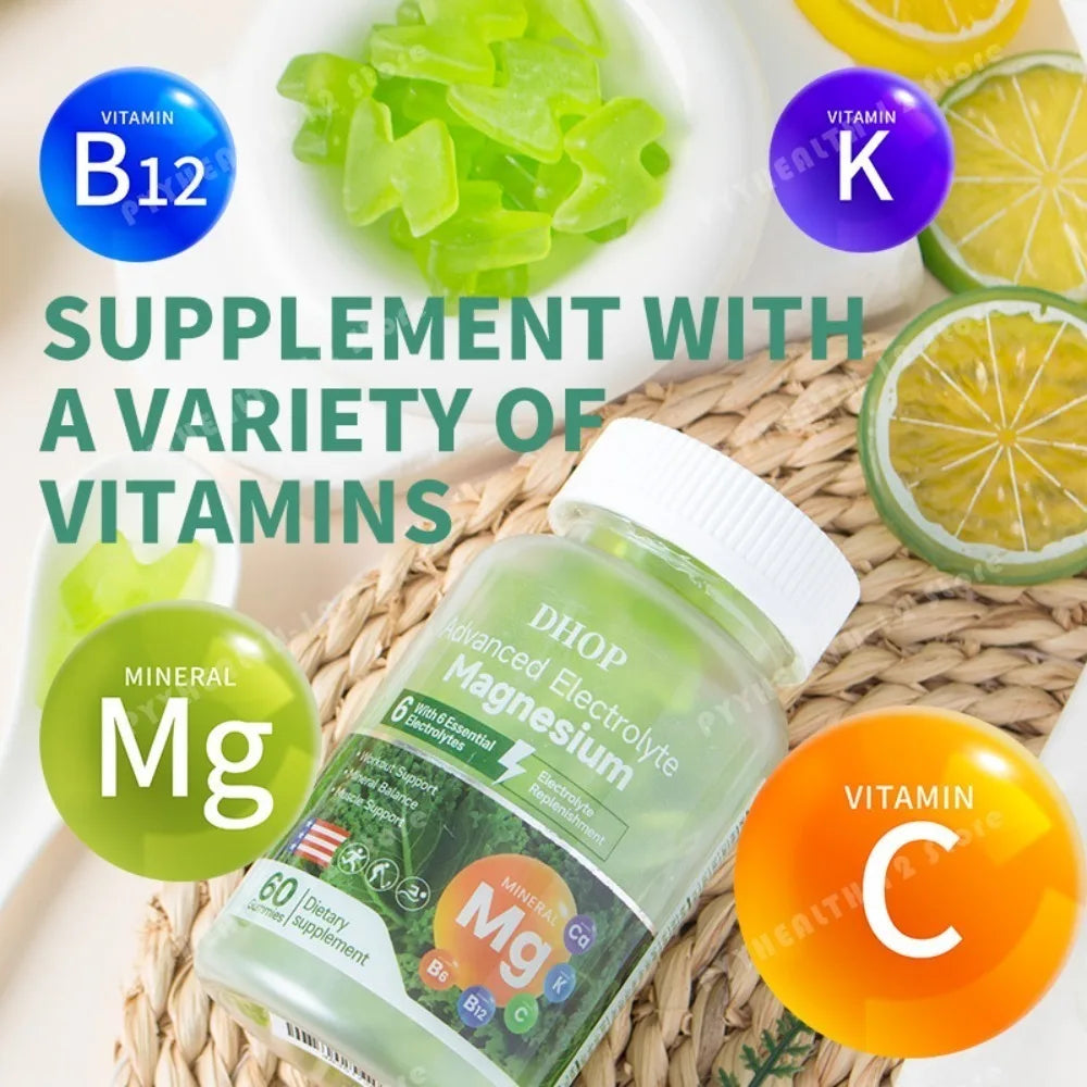 DHOP Electrolyte Magnesium Gummies 60 Count with Vitamin C B6 B12 Potassium Calcium Daily Hydration Support Dietary Supplement
