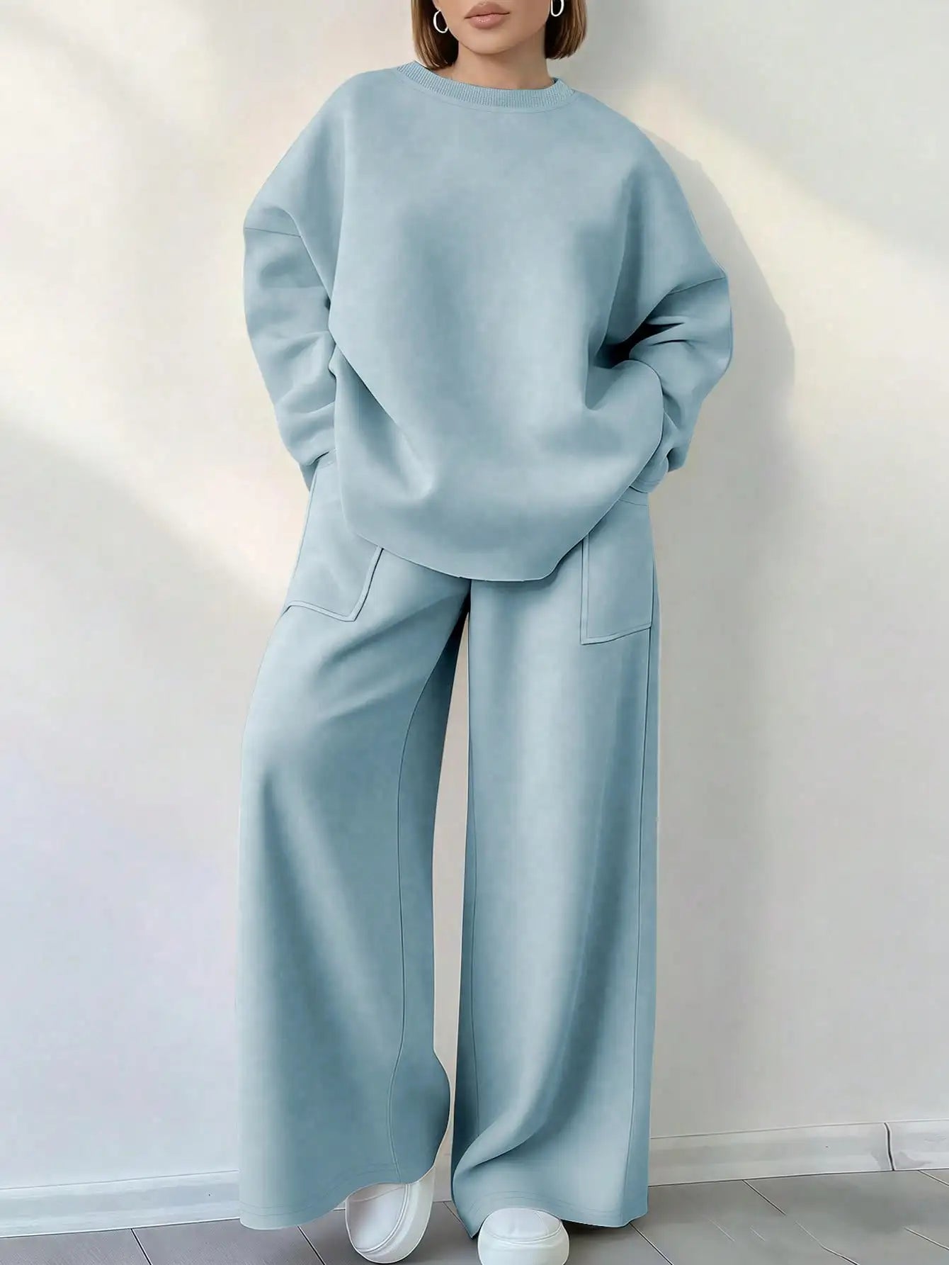 Solid Color Round Neck Long Sleeve Top And Pocket Loose Pants 2 Piece Set