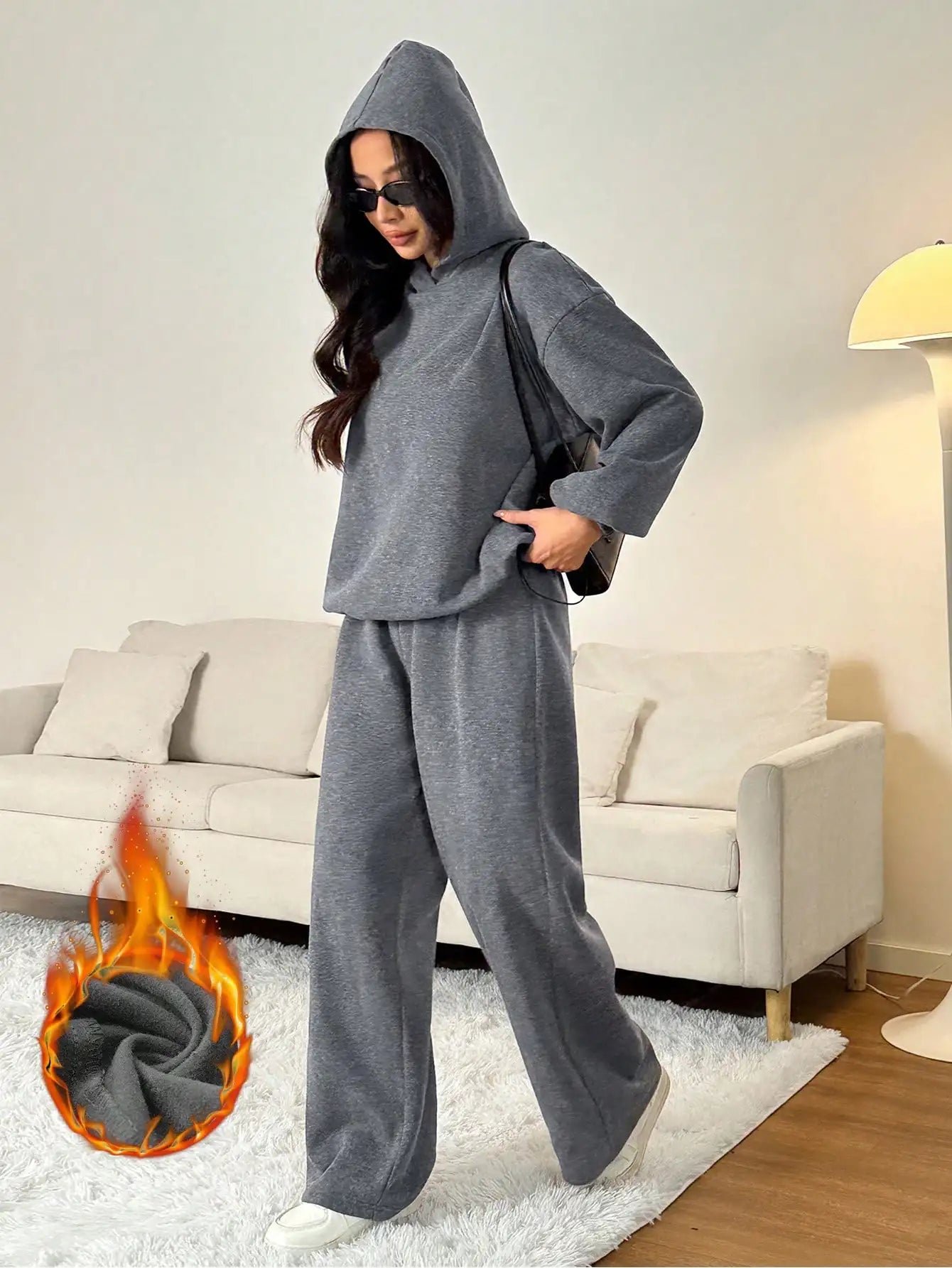 Oversized Thermal Lined Hoodie And Wide Leg Sweatpants Set Grey Women Comfortable Lounge Wear