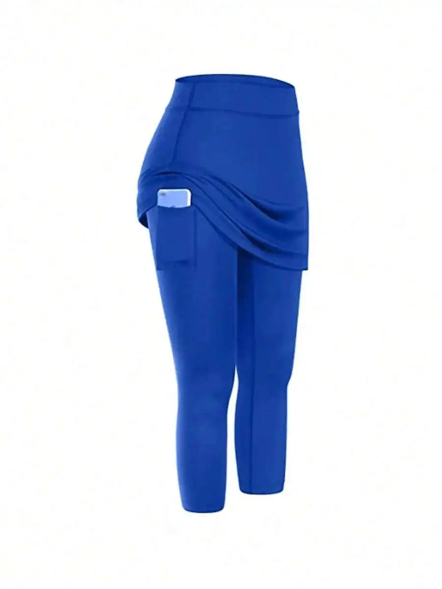 High Waist Fake Two-Piece Yoga Leggings Women Sporty Capri Pants With Pockets