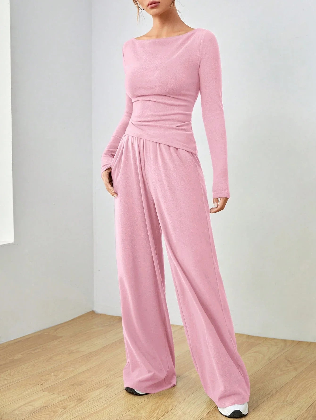 Women's Spring Autumn Casual Long Sleeve Top And Wide Leg Pants Set