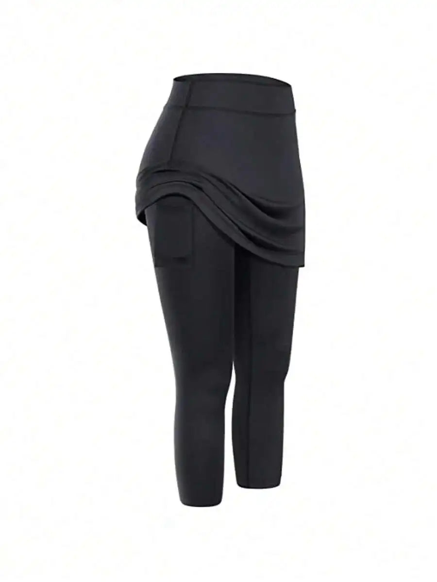 High Waist Fake Two-Piece Yoga Leggings Women Sporty Capri Pants With Pockets