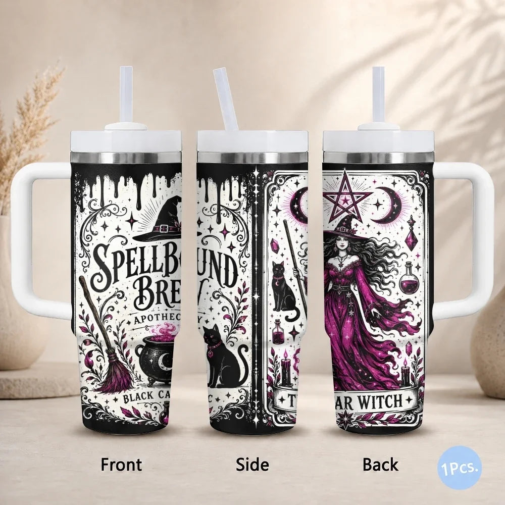 Witch Themed Vacuum Flasks 40oz Thermal Stainless Steel Tumbler with Handle Straw Leakproof Mug