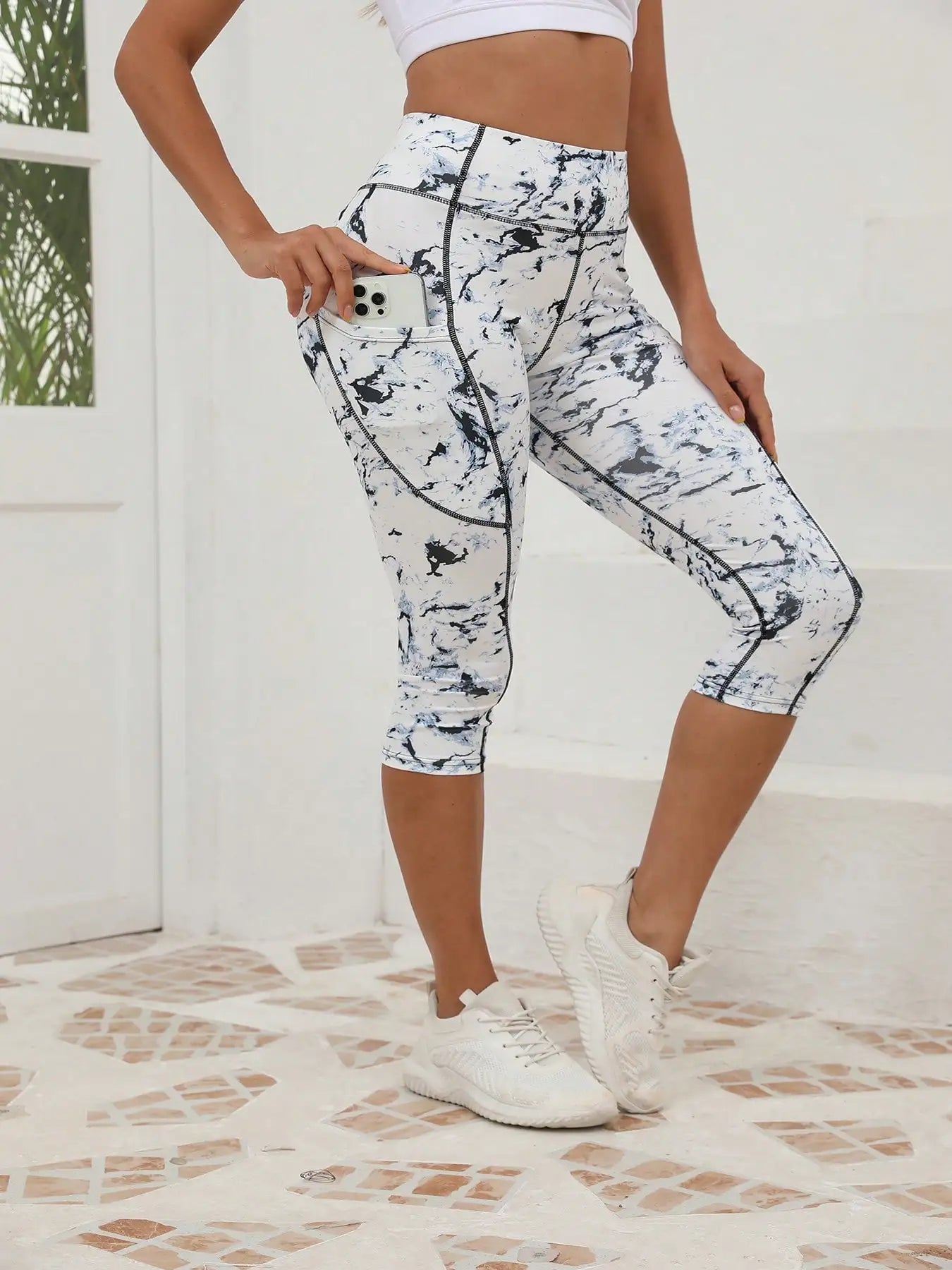 3 Pcs Women High Waist Floral Print 3/4 Leggings With Pockets, Tummy Control Yoga Workout Pants, Athletic Sportswear Summer