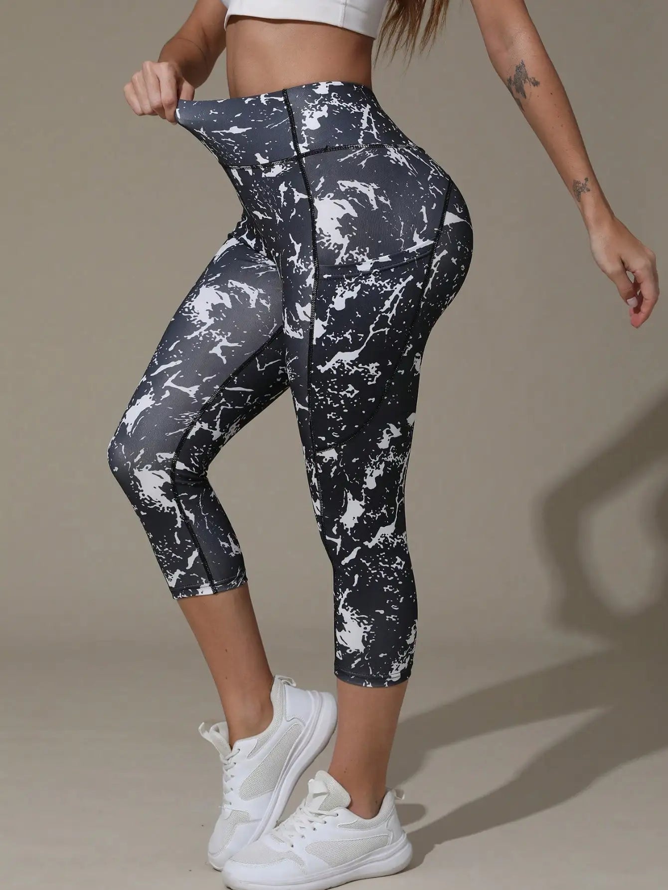3 Pcs Women High Waist Floral Print 3/4 Leggings With Pockets, Tummy Control Yoga Workout Pants, Athletic Sportswear Summer
