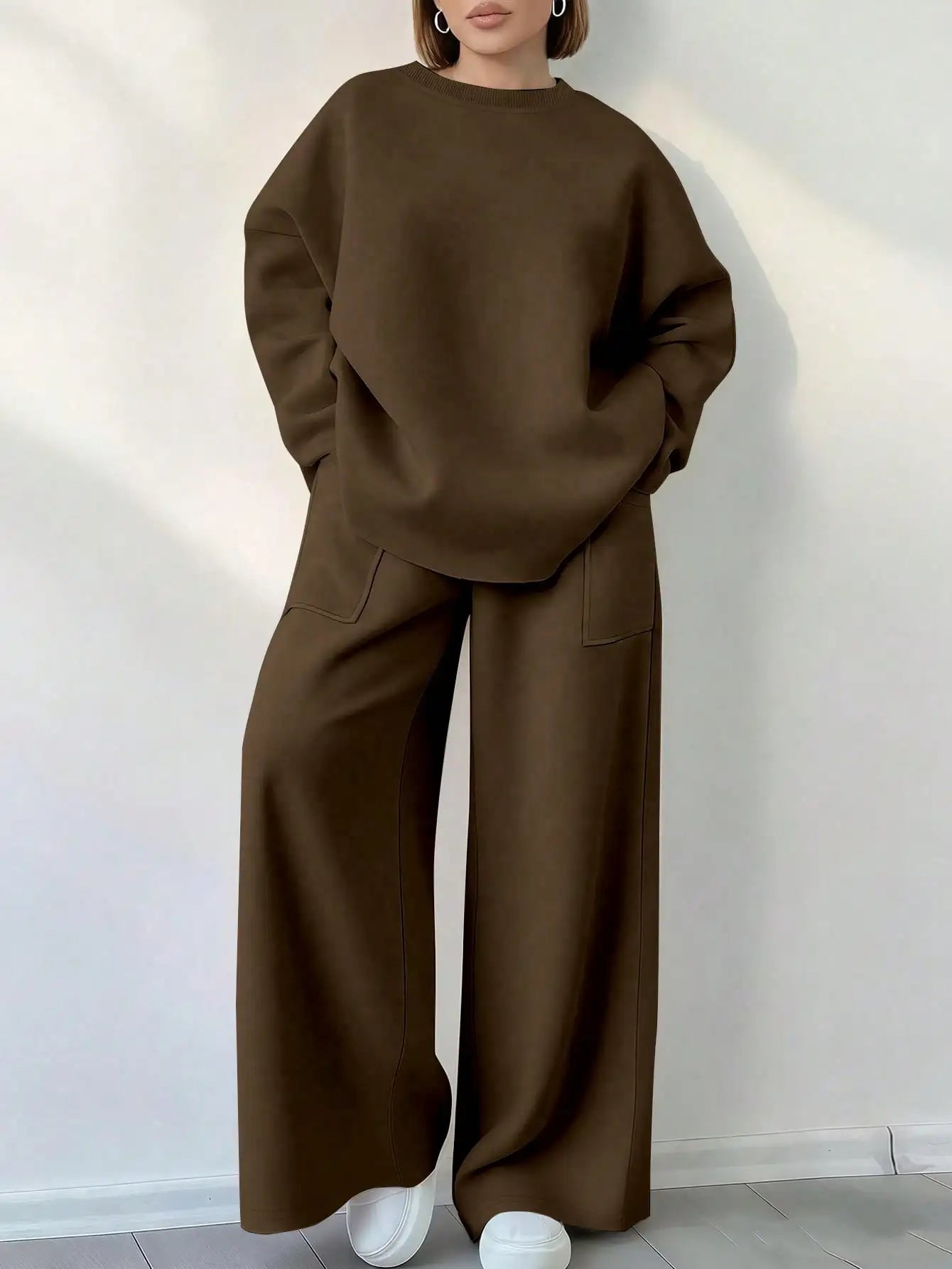 Solid Color Round Neck Long Sleeve Top And Pocket Loose Pants 2 Piece Set