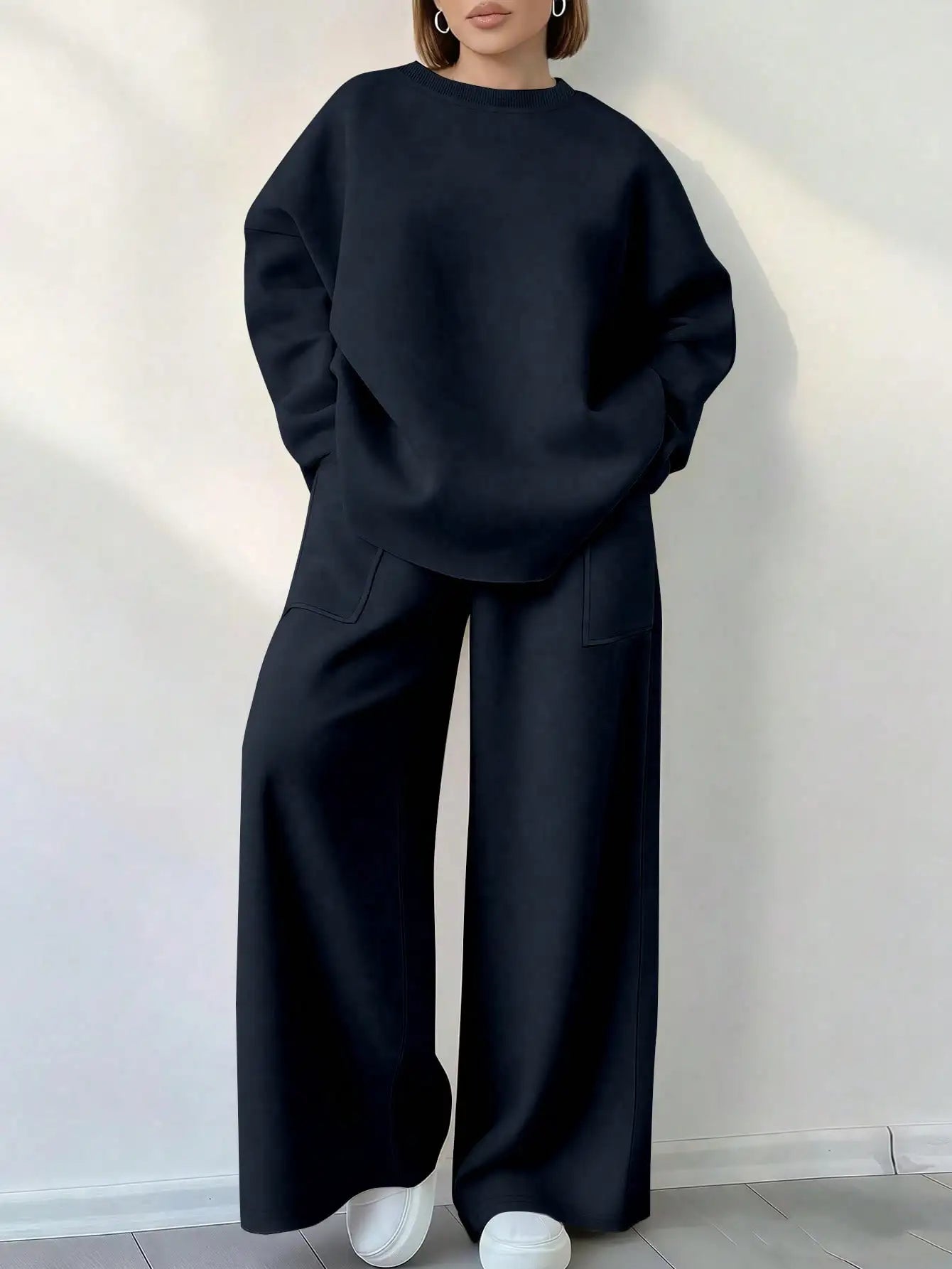 Solid Color Round Neck Long Sleeve Top And Pocket Loose Pants 2 Piece Set