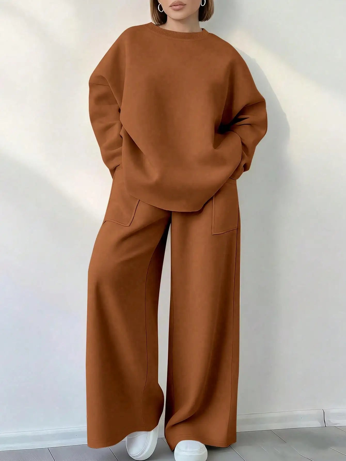 Solid Color Round Neck Long Sleeve Top And Pocket Loose Pants 2 Piece Set