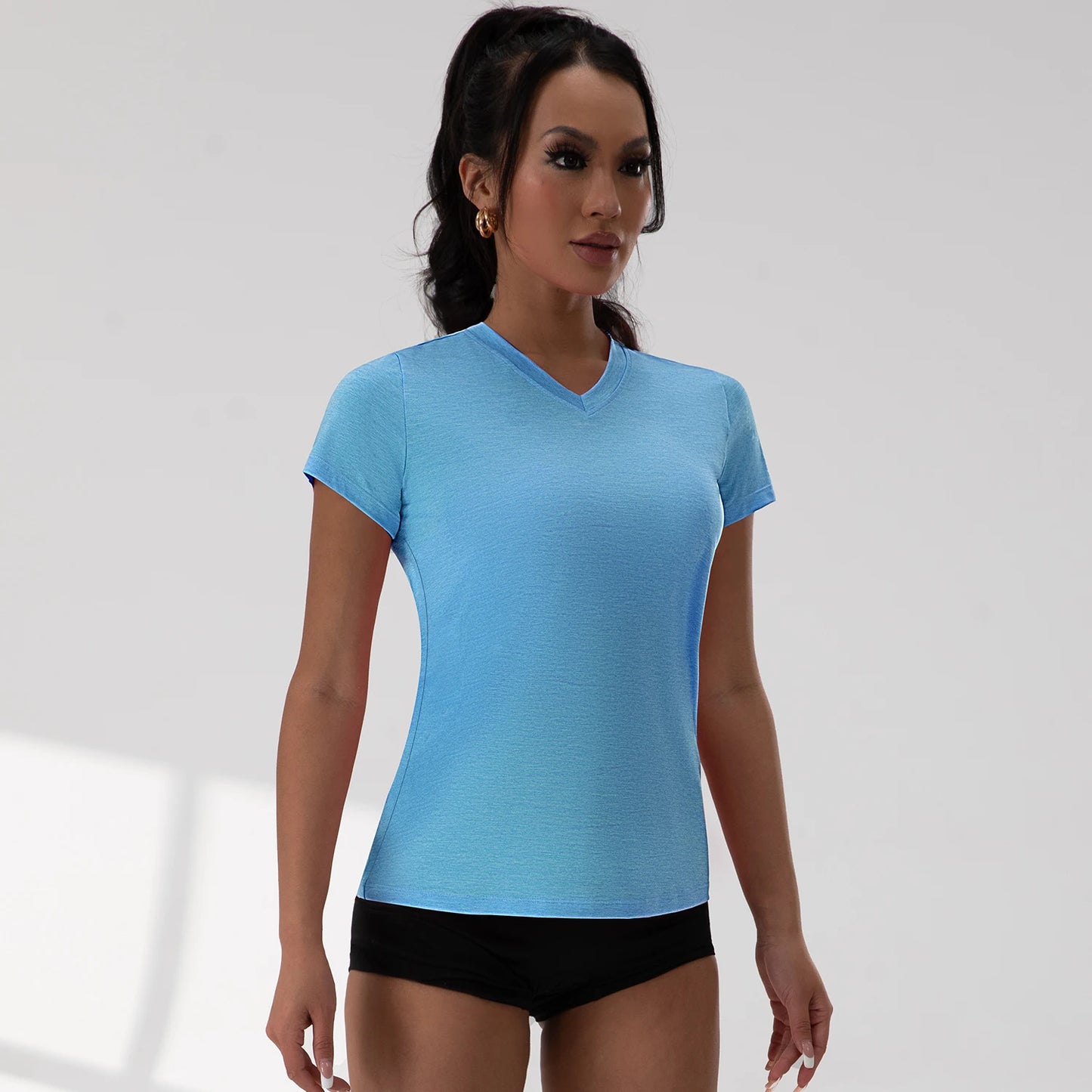 Summer V Neck Pleated Yoga T Shirt Women Short Sleeve Loose Solid Color Running Exercise Gym Tee 5 Colors Sportswear