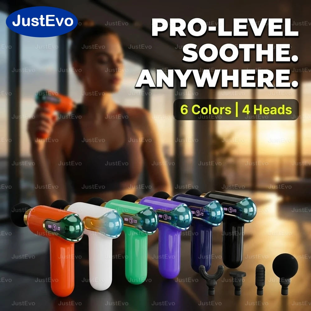 JustEvo Portable Massage Gun 9 Speeds Percussion Massager with 4 Heads, Smart LCD Screen Type-C Rechargeable Body Relaxer, 20-Min Timer Soothing Comfort Device.