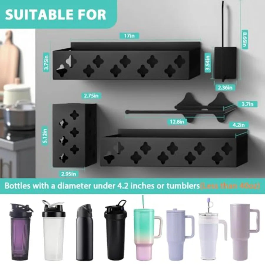 Magnetic Water Bottle Organizer for Fridge, Cup Holder for Stanley 30 40 Oz with Tumbler Lid and Straw and Paper Towel Holder,