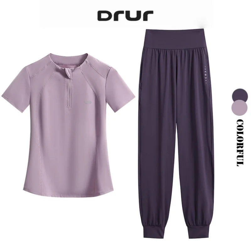 DRUR S-4XL Summer Yoga Pants Set Women Two Piece Breathable Lightweight Running Suit Sport Outfit Yogawear 2 pcs Gym Clothing