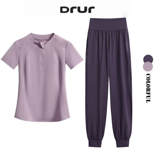 DRUR S-4XL Summer Yoga Pants Set Women Two Piece Breathable Lightweight Running Suit Sport Outfit Yogawear 2 pcs Gym Clothing