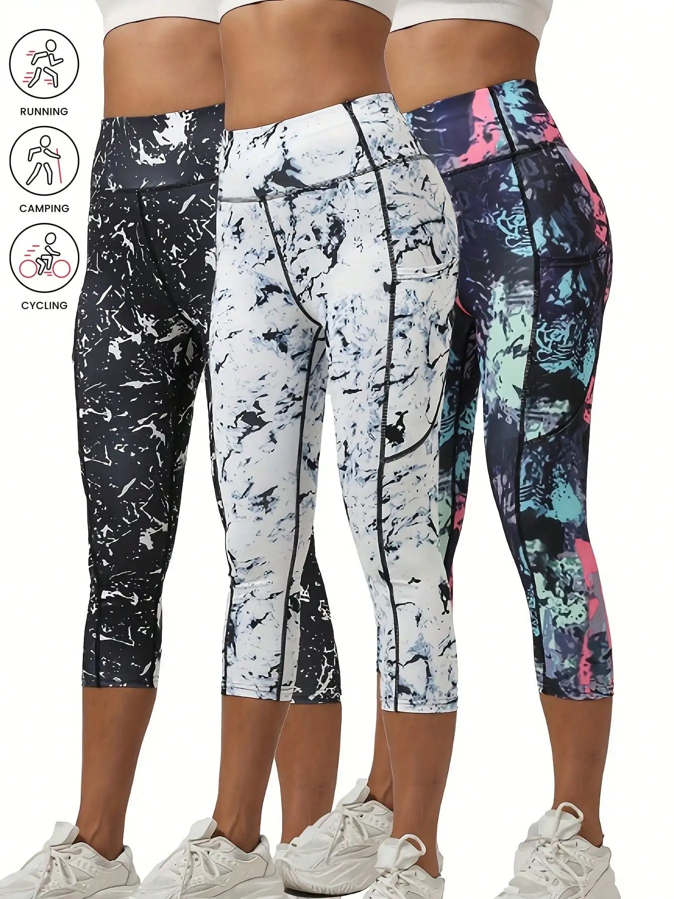 3 Pcs Women High Waist Floral Print 3/4 Leggings With Pockets, Tummy Control Yoga Workout Pants, Athletic Sportswear Summer