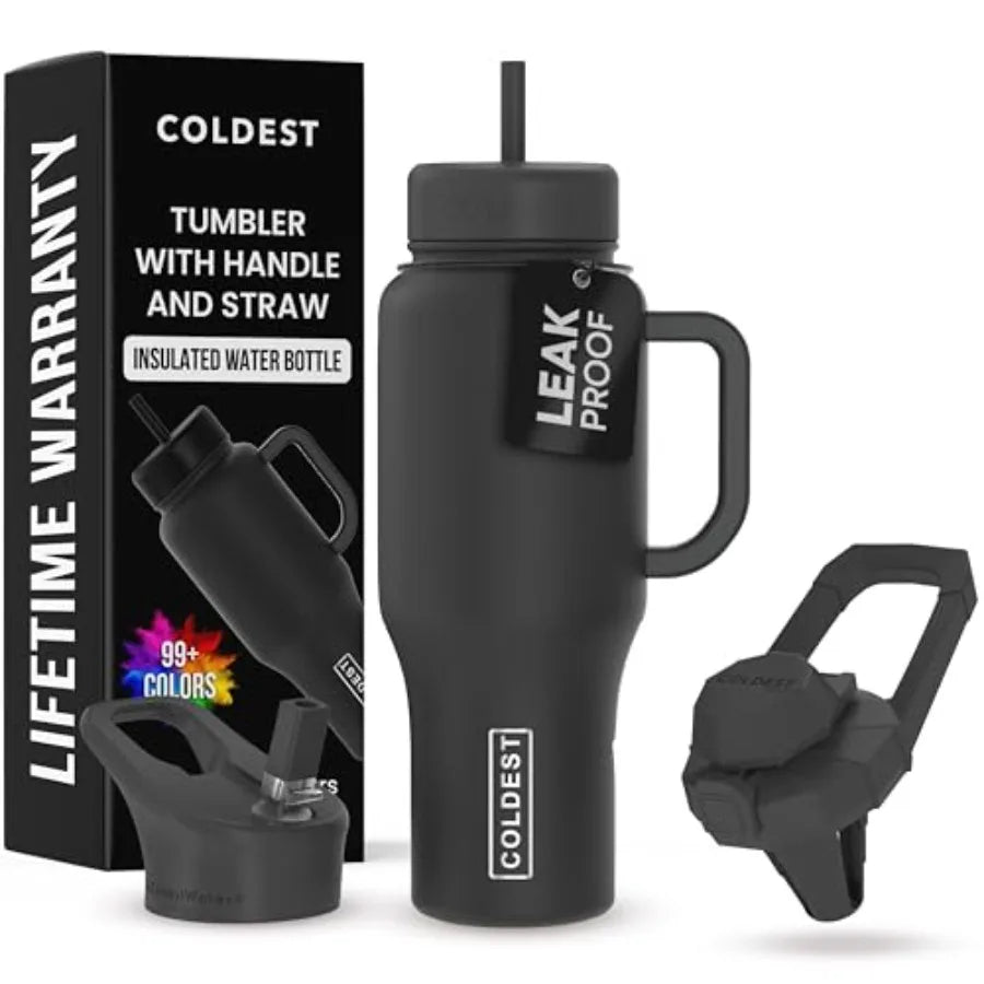 Coldest Tumbler with Handle and Straw for Outdoor Adventures Travel and Office Use - 100 Leak Proof Insulated Stainless Steel T