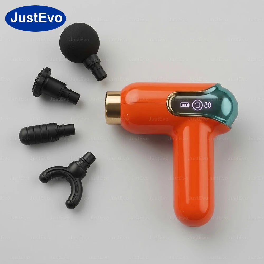 JustEvo Portable Massage Gun 9 Speeds Percussion Massager with 4 Heads, Smart LCD Screen Type-C Rechargeable Body Relaxer, 20-Min Timer Soothing Comfort Device.