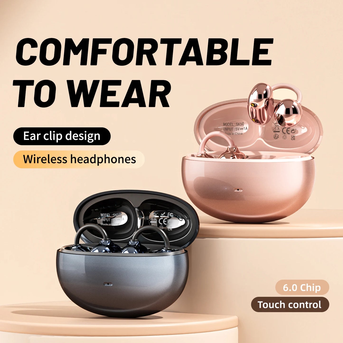 INSONIXN Open Ear Clip Headphones, Wireless Bluetooth 6.0 Headphones, Built-in Microphone And Ear Hook, Comfortable To Wear, High Fidelity Sound Quality Playback Time Of 36 Hours, Women's Decoration Headphones SK50 For Sports