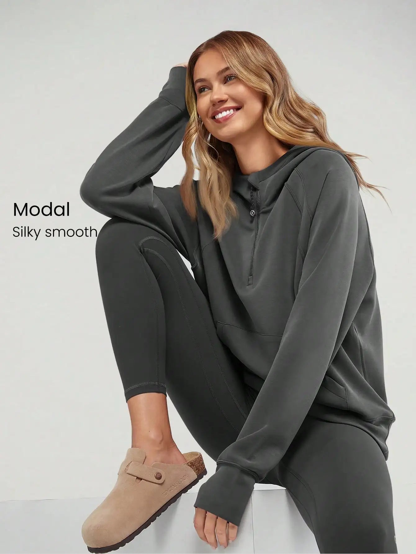 Oversized Half-Zip Hoodie Modal Fabric Loose Fit Kangaroo Pocket