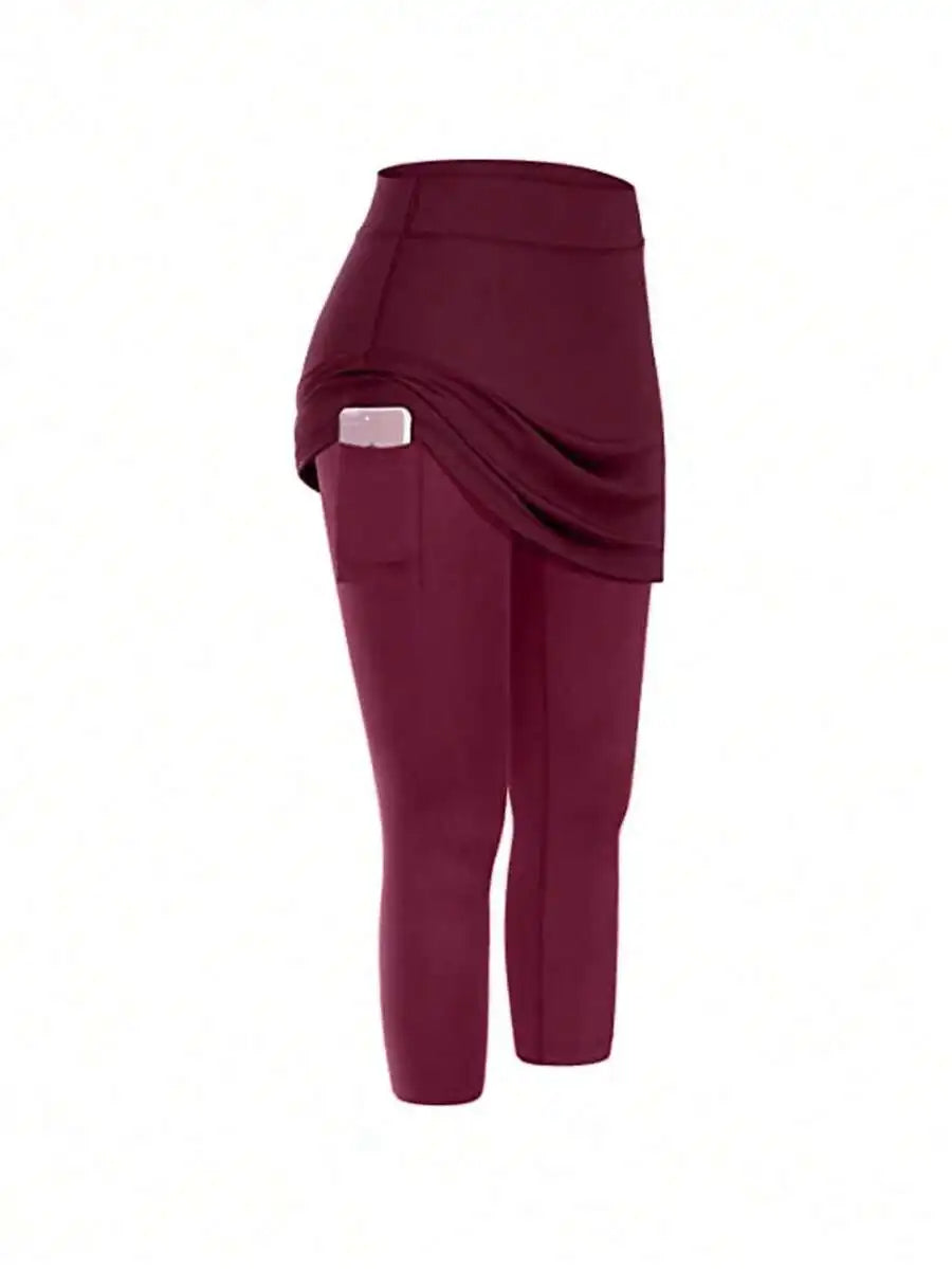 High Waist Fake Two-Piece Yoga Leggings Women Sporty Capri Pants With Pockets