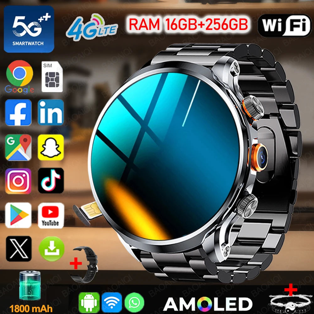 5G/4G Smart Watch 1.95 inch AMOLED 1880mah Battery 16GB+256GB RAM 800W Camera GPS WIFI Google APP Download Heart Rate Smartwatch