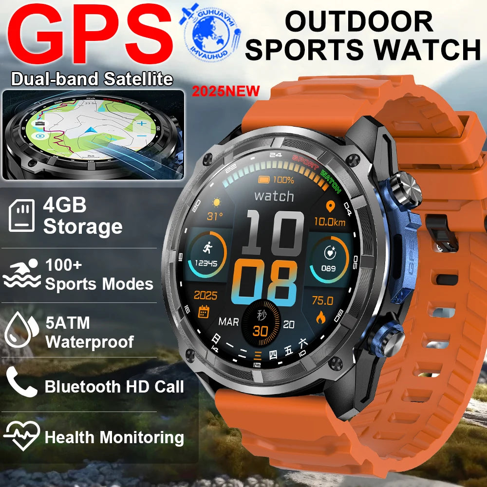 2025 New Military GPS Map NFC 4GB Memory Sports Smart Watch Men Waterproof Fitness Trackr Bluetooth call 860Mah Battery Bracelet