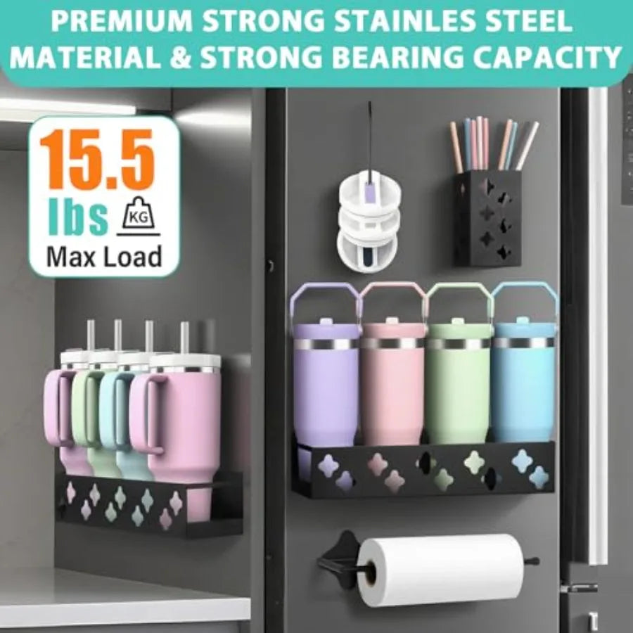 Magnetic Water Bottle Organizer for Fridge, Cup Holder for Stanley 30 40 Oz with Tumbler Lid and Straw and Paper Towel Holder,