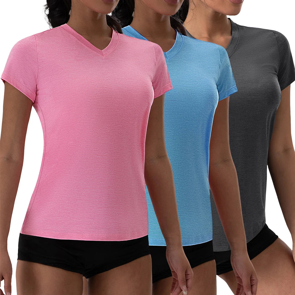 Summer V Neck Pleated Yoga T Shirt Women Short Sleeve Loose Solid Color Running Exercise Gym Tee 5 Colors Sportswear