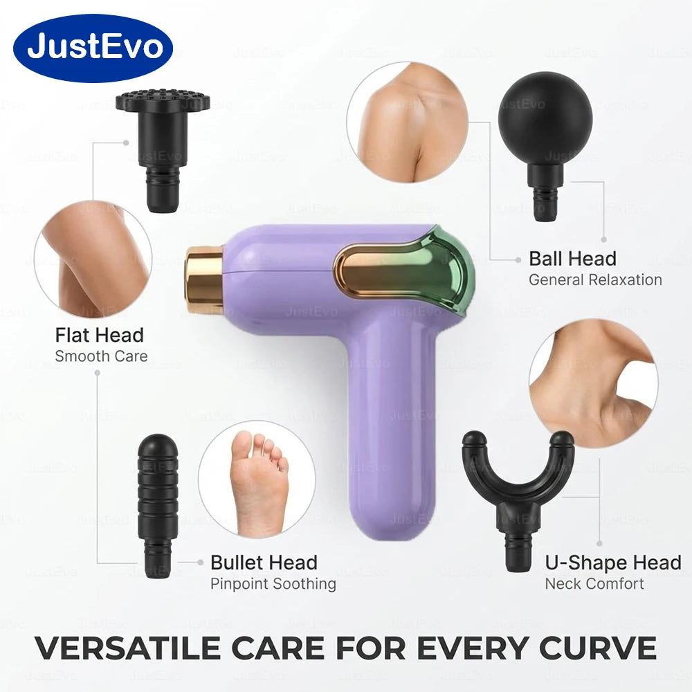 JustEvo Portable Massage Gun 9 Speeds Percussion Massager with 4 Heads, Smart LCD Screen Type-C Rechargeable Body Relaxer, 20-Min Timer Soothing Comfort Device.