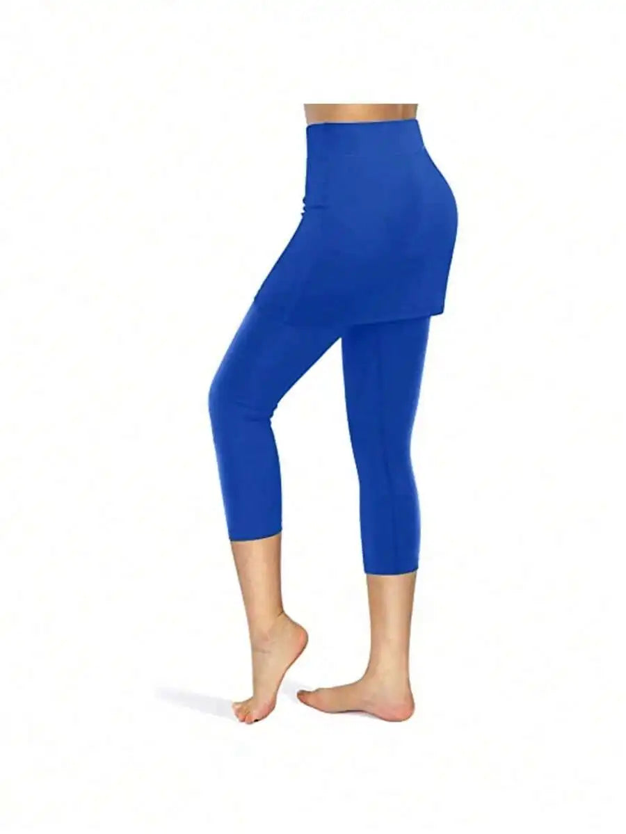 High Waist Fake Two-Piece Yoga Leggings Women Sporty Capri Pants With Pockets