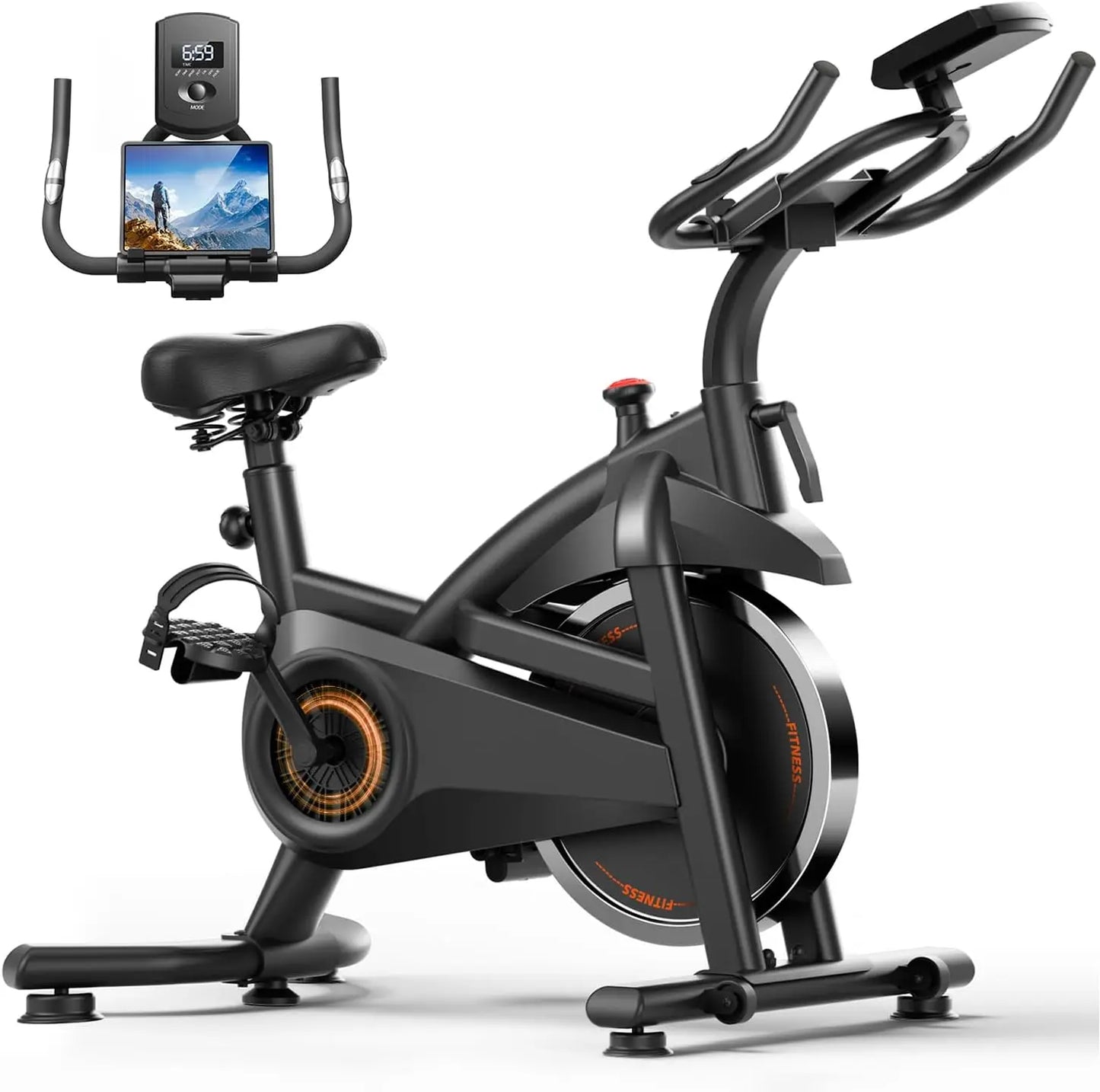 Exercise Bike, Brake Pad Stationary Bike for Home with App, 300 lb Capacity, Indoor Cycling Spin Bike with Comfort Seat