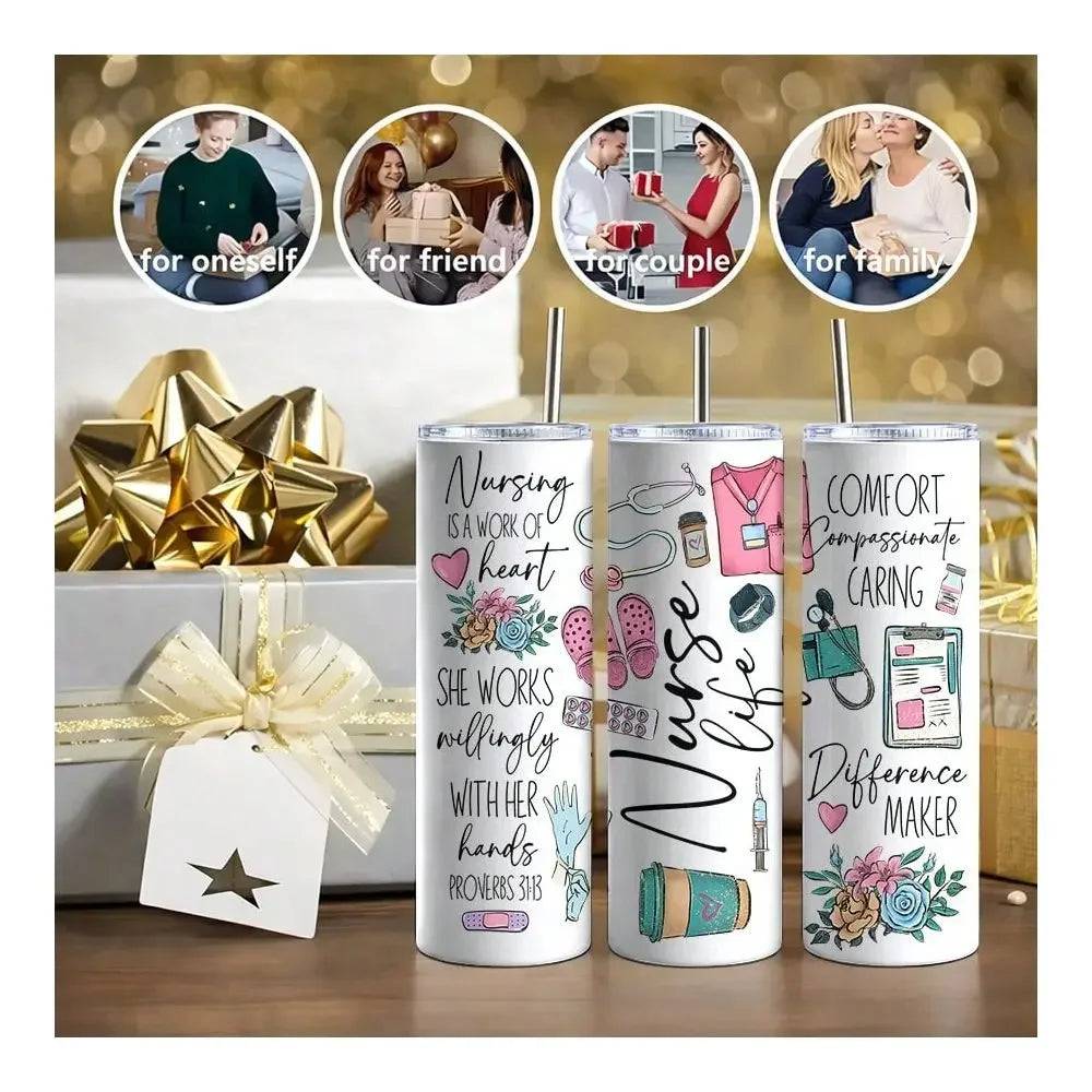 20oz Insulated Water Bottle Medical Nurse Aesthetic Pink Teal Coffee Floral Tumbler Design For Nursing Student Appreciation