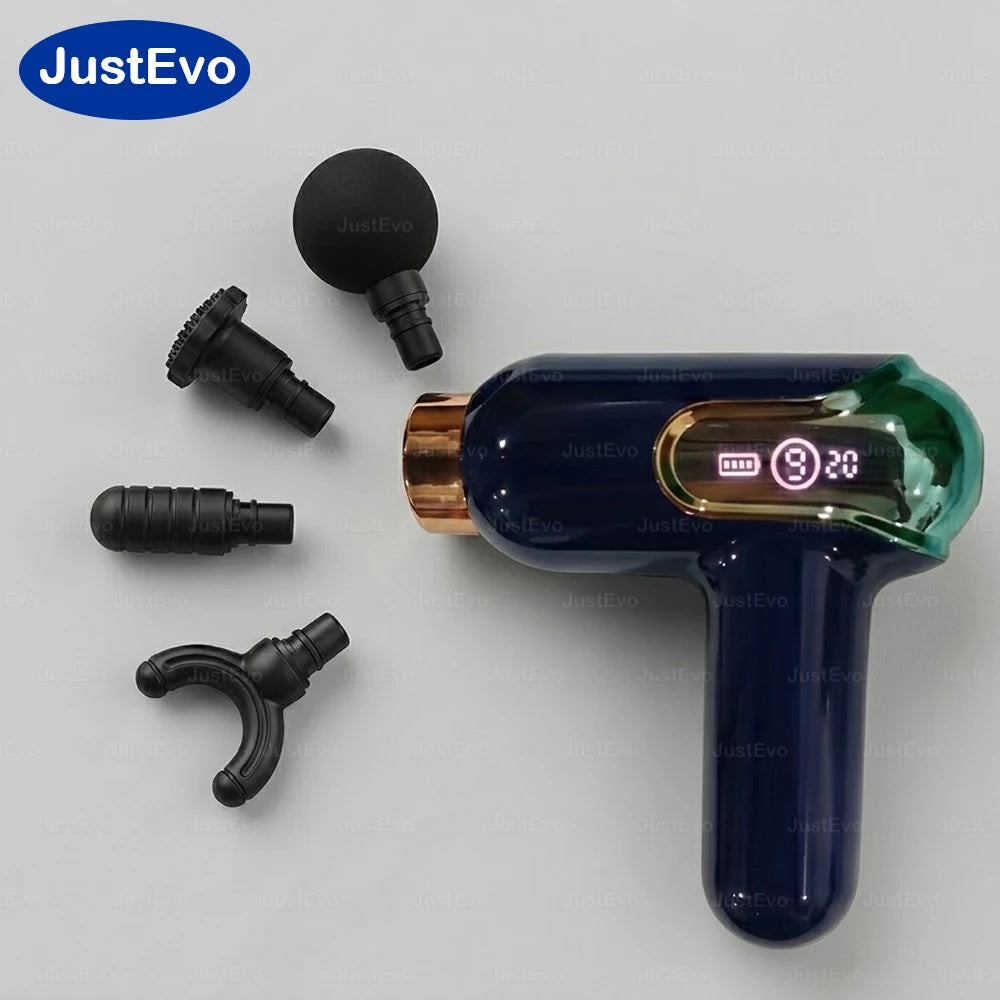 JustEvo Portable Massage Gun 9 Speeds Percussion Massager with 4 Heads, Smart LCD Screen Type-C Rechargeable Body Relaxer, 20-Min Timer Soothing Comfort Device.