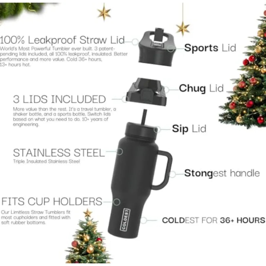 Coldest Tumbler with Handle and Straw for Outdoor Adventures Travel and Office Use - 100 Leak Proof Insulated Stainless Steel T