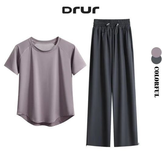 DRUR Loose Breathable Yoga Set Women Lightweight Running Tracksuit 2 Piece Gym Outfit Summer Sportswear Tops Pants Suit Yogawear