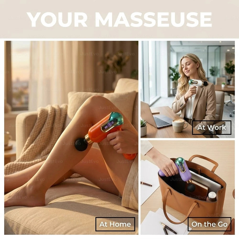 JustEvo Portable Massage Gun 9 Speeds Percussion Massager with 4 Heads, Smart LCD Screen Type-C Rechargeable Body Relaxer, 20-Min Timer Soothing Comfort Device.