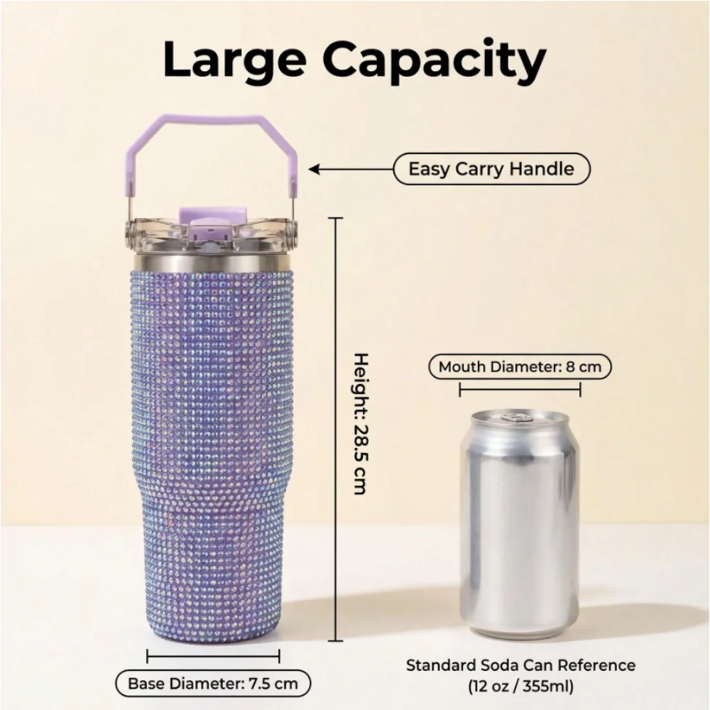 30oz 2In1 Lid Tumbler Diamond Finish, Double Wall Vacuum Insulated Stainless Steel, Leakproof, Termos Caliente Y Frio, Termo De