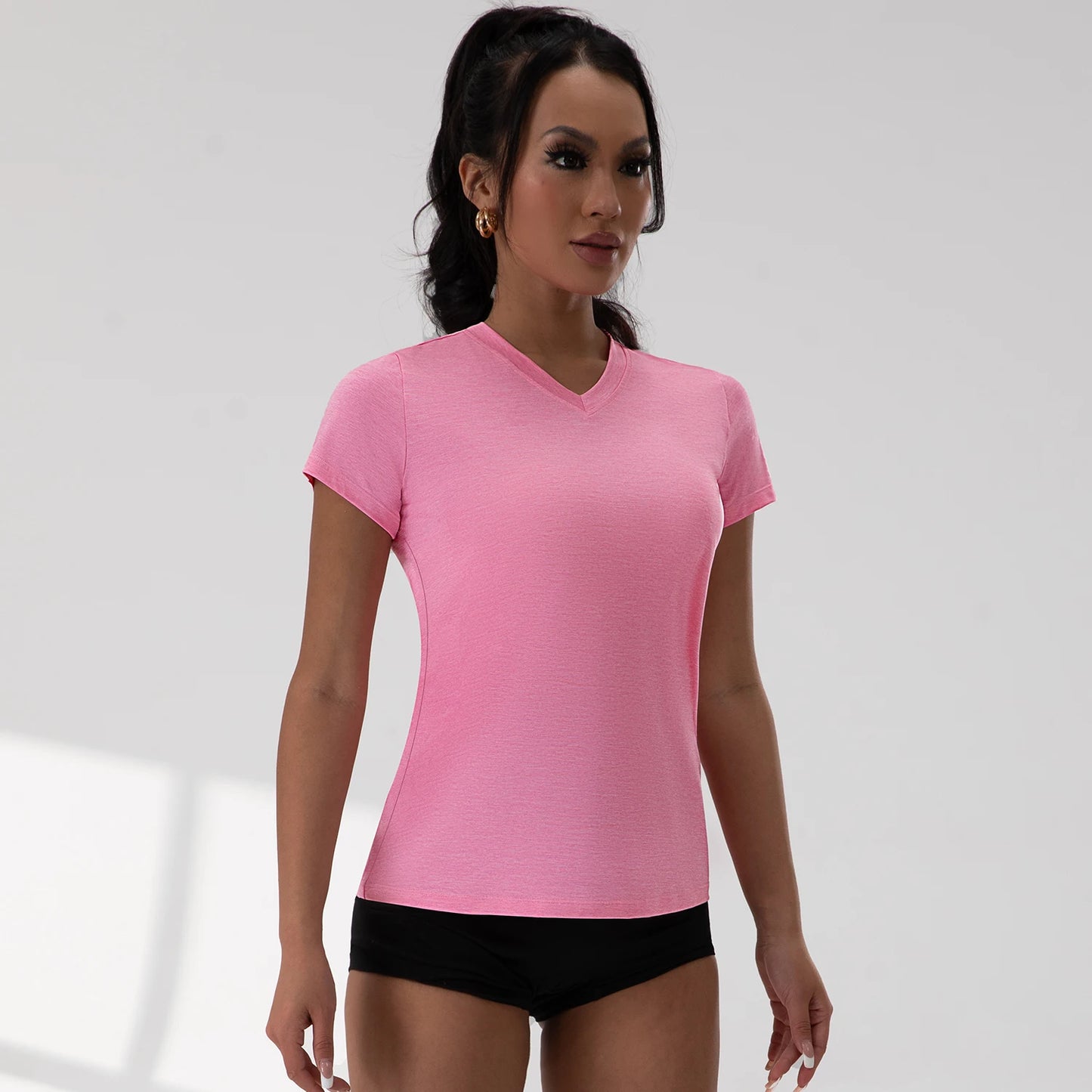 Summer V Neck Pleated Yoga T Shirt Women Short Sleeve Loose Solid Color Running Exercise Gym Tee 5 Colors Sportswear